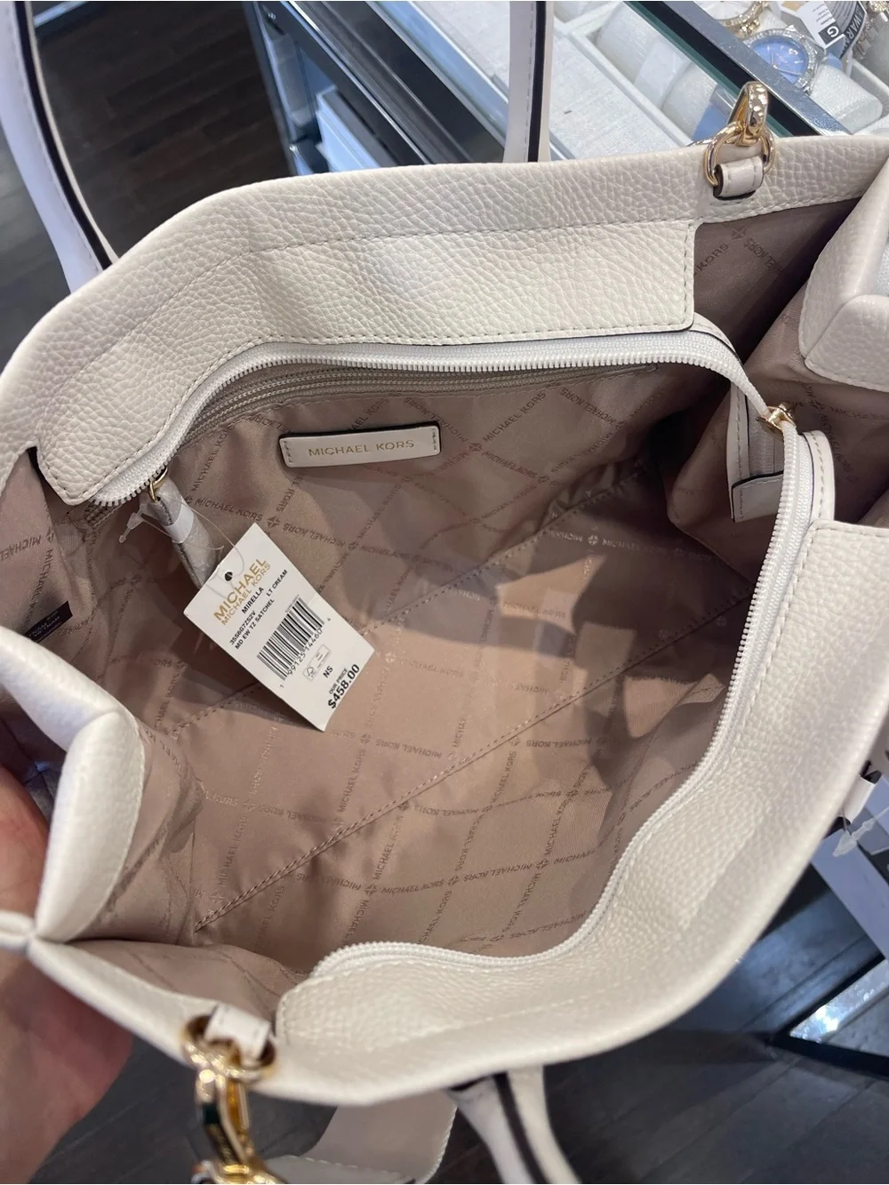 Michael Kors Mirella Md Logo Debossed Satchel Shoulder Tote Handbag Lt Cream NWT